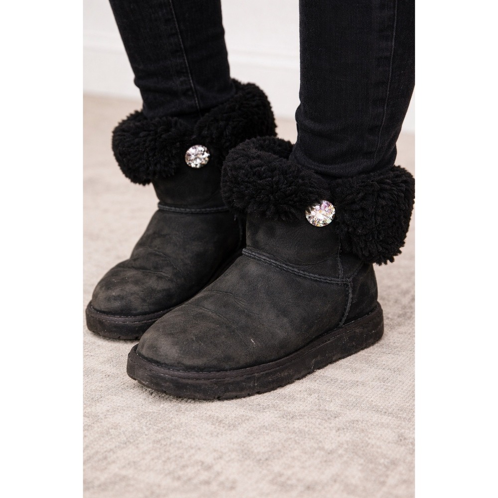 UGG‎ Black Suede Leather Sheepskin Boots Jewel Button Womens Size 7 Bedazzled